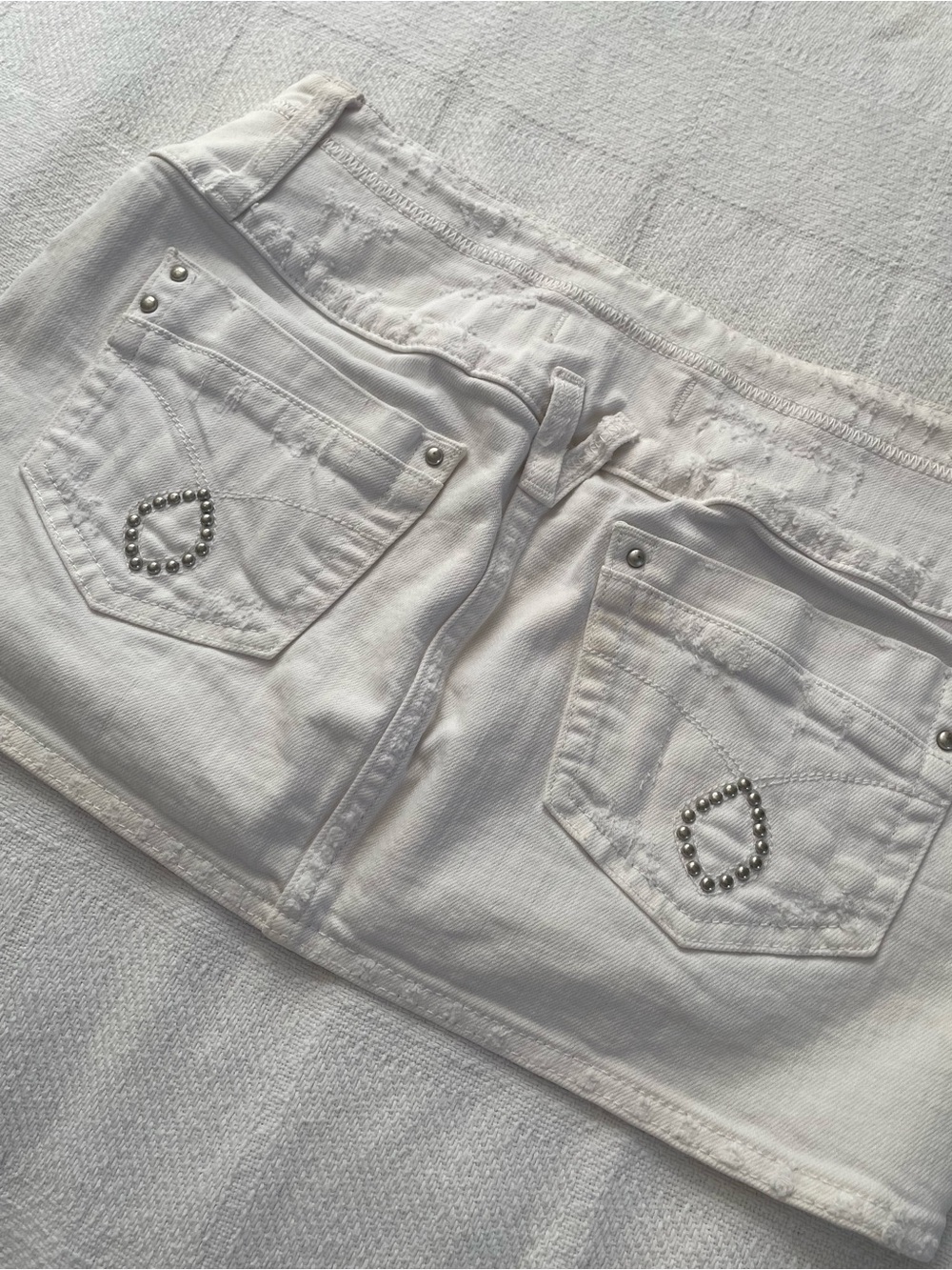 Vintage Distressed Rhinestone Accent White Denim Mini Skirt